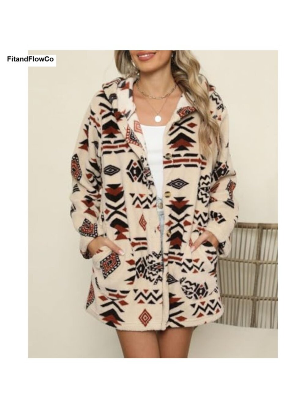 Faux Fur Aztec Print Zip Up Cropped Oversized Jacket with Pockets - Picture 2 of 5
